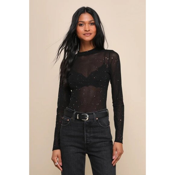 Lulus Black Sparkly Embellished Sheer Mesh Long-Sleeve Sexy Thong Bodysuit - Picture 7 of 15